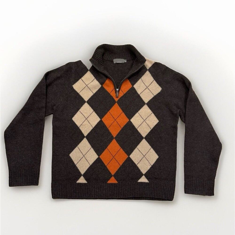 J Crew 100% Lambswool Academic Argyle Collared Half Zip Sweater Sz L Brown